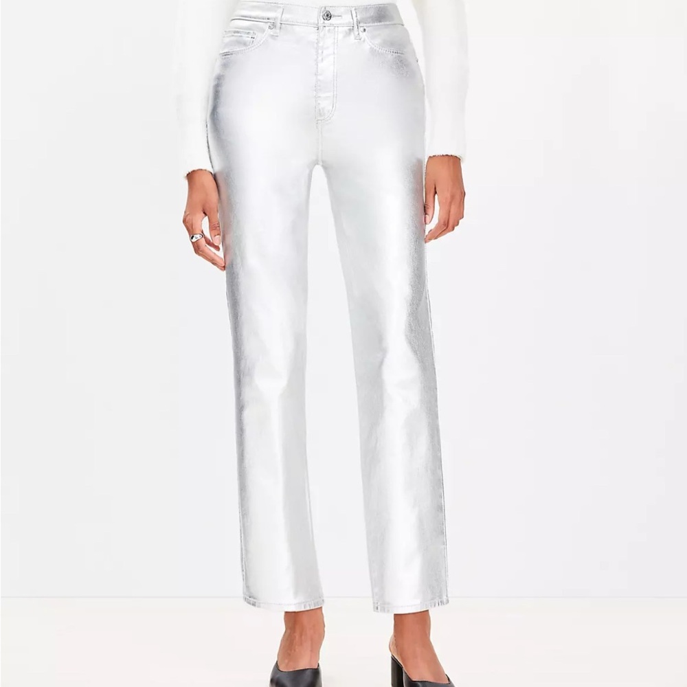LOFT Metallic Silver Straight-Leg Pants